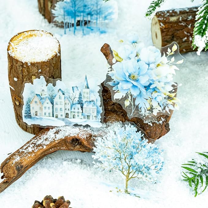 60Pcs Snow Country Winter PET Stickers, Large Landscape Stickers for Scrapbooking, DIY Crafts, Journaling, and Junk Journal Ephemera with Organizer