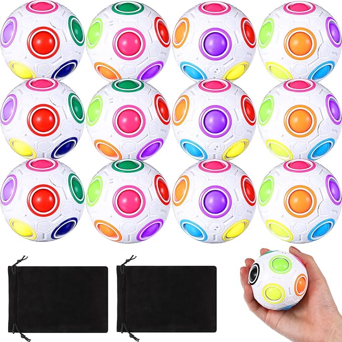12 Pack Rainbow Puzzle Magic Ball With 2 Pcs Pouches - Fidget Toy for Boys and Girls, Speed Cube, Funny Stress Reliever for Kids, Teens and Adults (White)