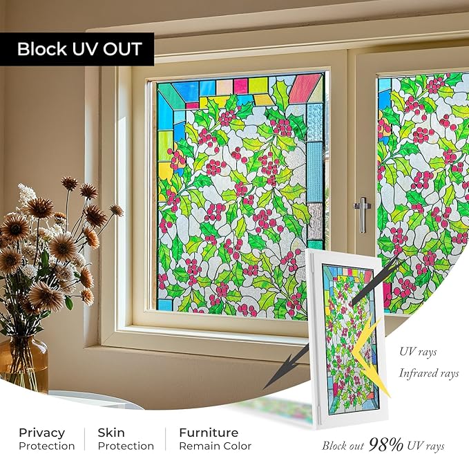 3D Stained Glass Window Film, Decorative Window Privacy Film for Bathroom,Front Door,Home, Sun Blocking Heat Control,Static Cling,23.6inch x 35.4inch Holly