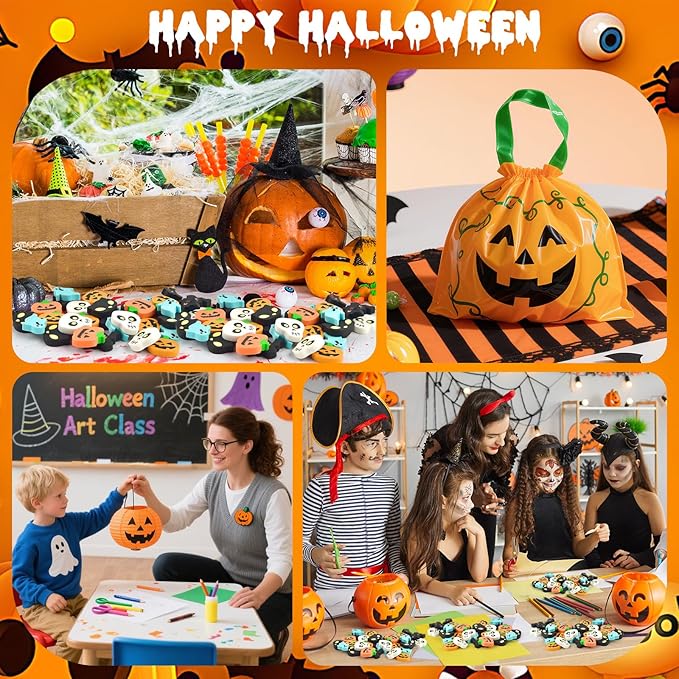 60 Pcs Halloween Mini Erasers for Kids, PLULON Goody Bag Fillers Pumpkin Black Cat Bat Skull Ghost Erasers Bulk Novelty Funny Halloween Classroom Trick or Treat Party Favors Gift