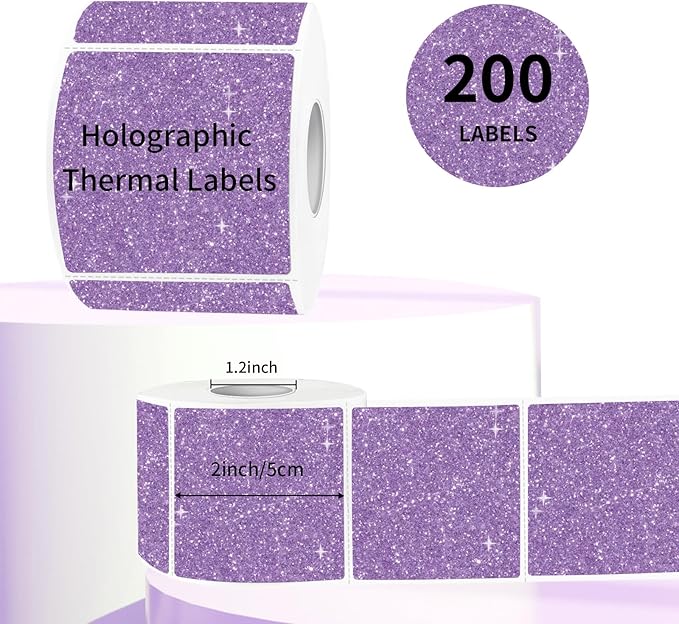 Square Thermal Labels Stickers 2" x 2", Holographic Purple Thermal Stickers Labels, Glitter Self-Adhesive Direct Thermal Label for Small Business- Perforation Line Design