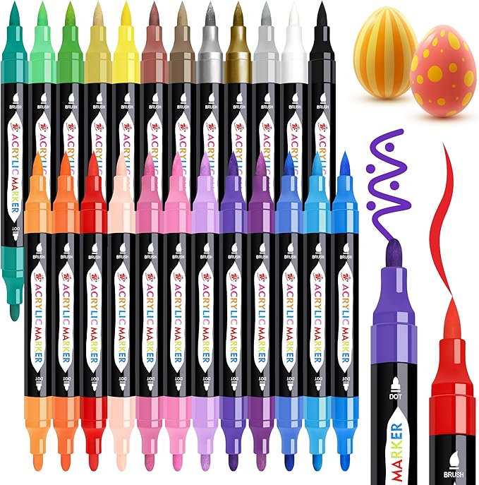 TBC The Best Crafts 24 Colors Dual Tip Acrylic Paint Markers,Waterproof, Non-Toxic, odorless, Suitable for Paper, Pottery, Stones, Backpacks, Glass