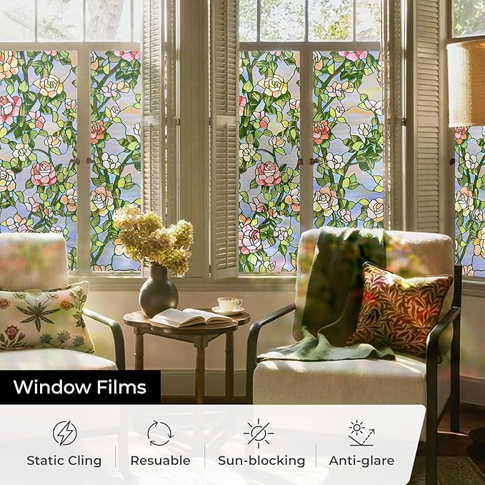 3D Stained Glass Window Film, Decorative Window Privacy Film for Bathroom, Front Door, Home, Sun Blocking Heat Control, Static Cling, Beast Rose 35.4inch x 78.7inch