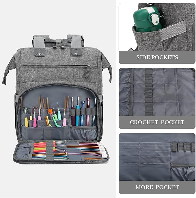 Knitting Bag Backpack Yarn Storage Organizer Travel Bag with USB Charging Port, Large Tote Bag Holder Case for Knitting Needles, Crochet Hooks, Accessories, Grey