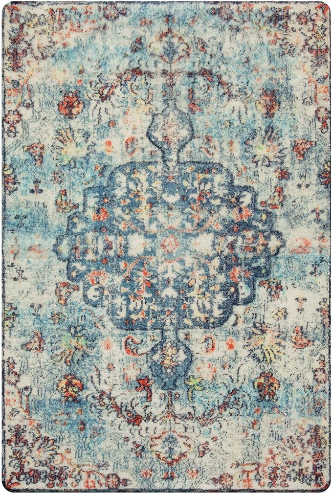 Lahome Bohemian Floral Medallion Area Rug - 2x3 Vintage Teal Distressed Small Entryway Rug Turkish Doormat Faux Wool Non-Slip Washable Low-Pile Carpet for Bathroom Kitchen Laundry Room Decor