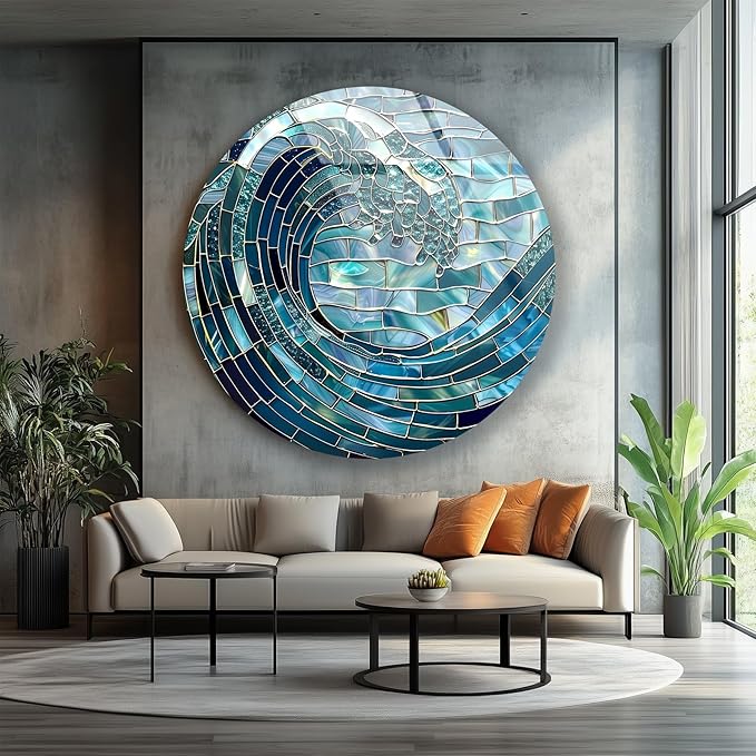 My Photostation.com 10''(25cm) Diameter Ocean Wave in Blue Mosaic Round Glass Wall Art Tempered Glass Printing Wall Decor Large Wall Art Wall Hangings