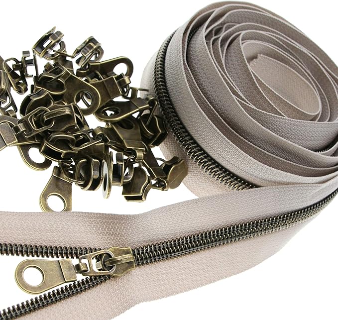 Leekayer #5 Antique Brass Teeth Metallic Nylon Coil Zippers by The Yard Bulk 10 Yards Beige Tape with 25pcs Brass Sliders for DIY Sewing Tailor Craft Bag(Beige)