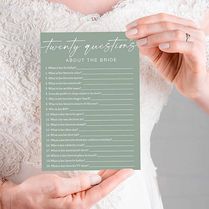 Bridal Shower Games Cards - Twenty Questions About The Bride for 25 Guests, Engagement Party Wedding Game, Minimalist Green Party Supplies - C05