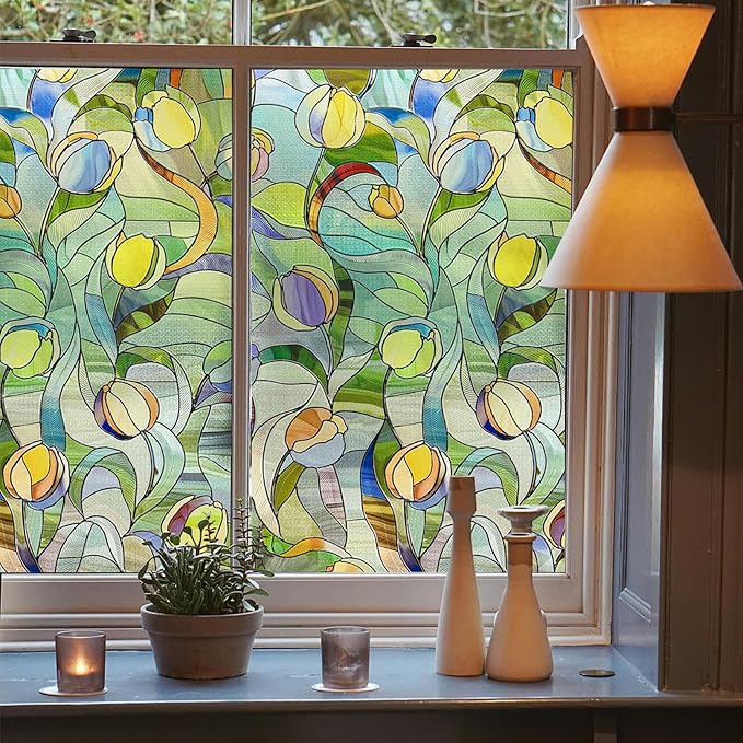 3D Stained Glass Window Film, Decorative Window Privacy Film for Bathroom,Front Door,Home, Sun Blocking Heat Control,Static Cling, Moonlight Tulip, 23.6inch x 35.4inch
