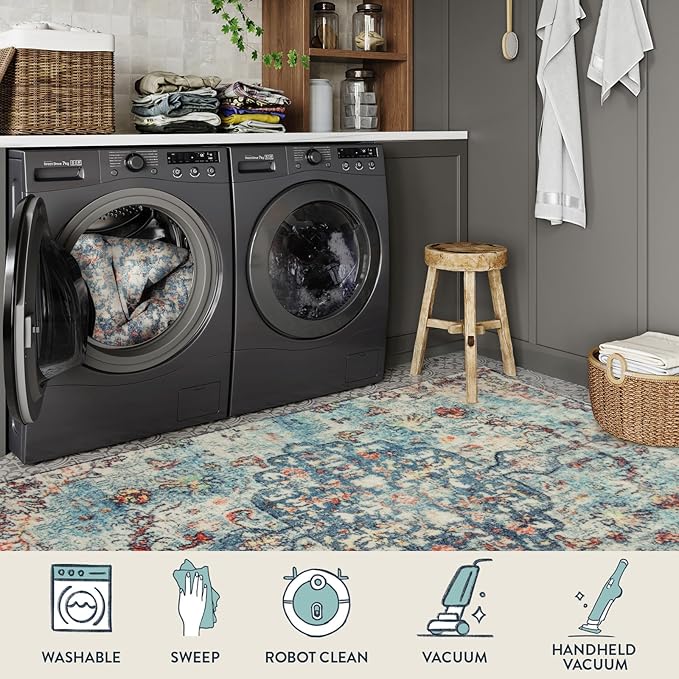 Lahome Bohemian Floral Medallion Area Rug - 3x5 Vintage Teal Distressed Entry Throw Rug Turkish Faux Wool Accent Rug Non-Slip Washable Low-Pile Carpet for Bathroom Entrance Living Bedroom