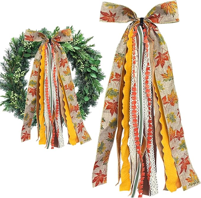 Large Fall Ribbon Bow for Wreath, Orange Maple Leaves Fabric Ribbons Set Assorted Lace Ribbon Fall Clip-On Wreath Sash Ribbons Bundle for Thanksgiving Indoor Outdoor Decor