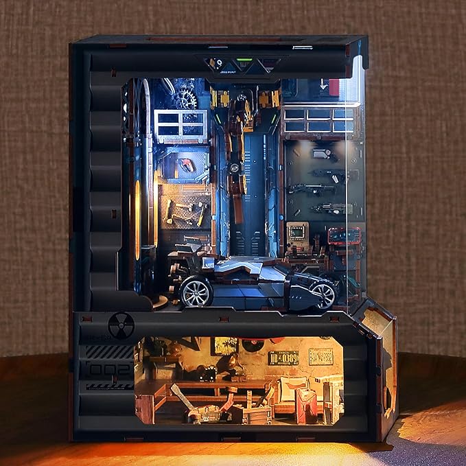 3D Wood Puzzle Book Nook Kit, Automobile Workshop Miniature Bookshelf Insert Décor with LED Lights, DIY Mechanical Model for Display, Unique Craft for Adults and Teens (Automobile Workshop)