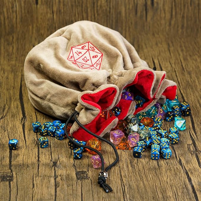 Large Dice Bags D&D with Pockets Khaki Storage Bag D20 Logo for DND RPG Game Dices - Capacity 200+ Dice