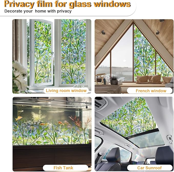 Window Privacy Film Stain Glass Window Film Rainbow Window Film Window clings Non-Adhesive Reusable Decorative for Room (Leaf Rainbow, 23.6 x 78.7 in)
