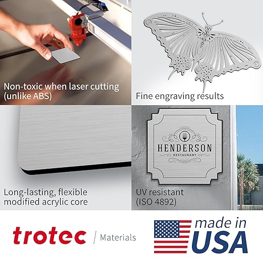 Trotec | Metallic Looking Acrylic Sheet | 12"x20"x1/16, 4 Pcs | Brushed Aluminum/Black | Metallic Finish - Scratch Resistant for Laser Engraving & Cutting,Printing,Glowforge,Name Plate | USA Made