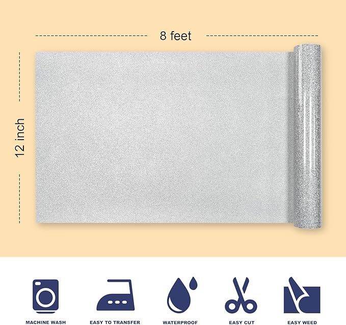 Silver Glitter HTV Heat Transfer Vinyl, 12" x 8ft lron on Vinyl, for T-Shirt Ironing, Vinyl HTV Easy to Cut and Weed, The Best Choice for DIY Creativity. (Silver, 12" x 8ft)
