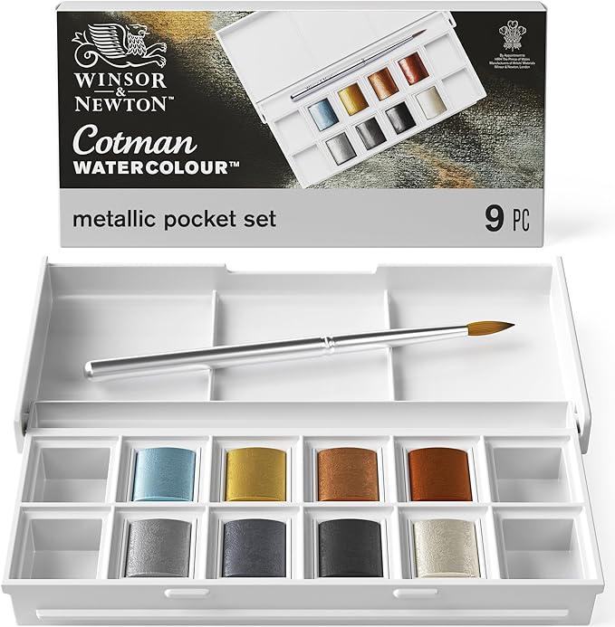 Winsor & Newton Cotman Watercolor Paint Set, 8 Half Pan, Metallic Colors w/ Brush