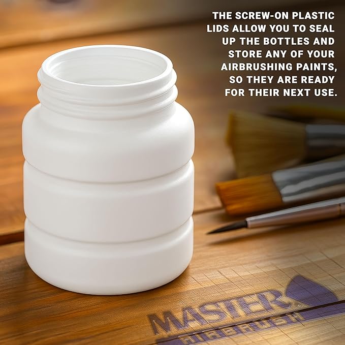 Master Airbrush (Pack of 10) TB-006 Empty 2.7-Ounce (80cc) Plastic Jar Bottles with 30° Down Angle Adaptor Lid Assembly - Fits Dual-Action Siphon Feed Airbrushes, Use with Master, Badger Paasche Iwata