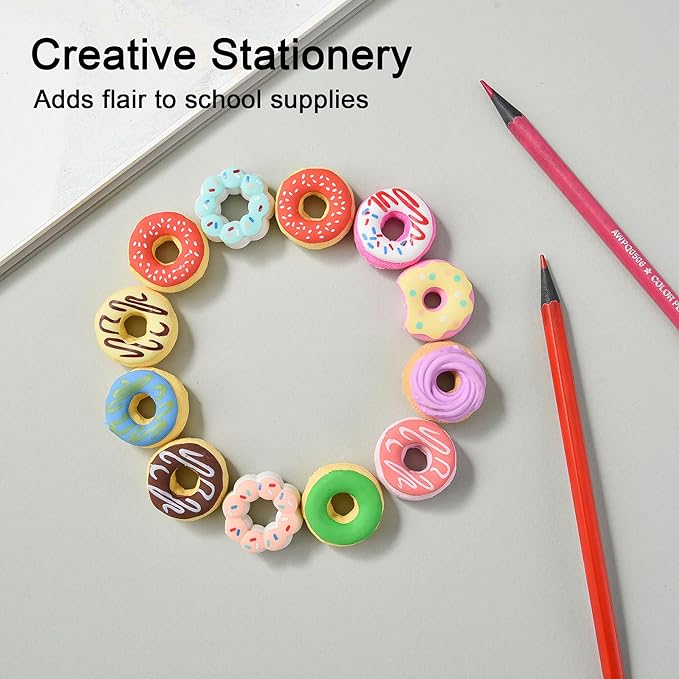 HILAZA Donut Erasers for Kids Bulk, 24 Pieces 3D Cute Fun Food Erasers for Party Favors Classroom Prizes