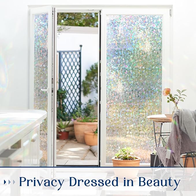 Haton Window Privacy Film, Rainbow Stained Glass Window Clings, 3D Decorative UV Sun Blocking Sticker, Removable Static Cling Heat Control Tint for Home Door, 23.6" x 157.4" Non-Adhesive