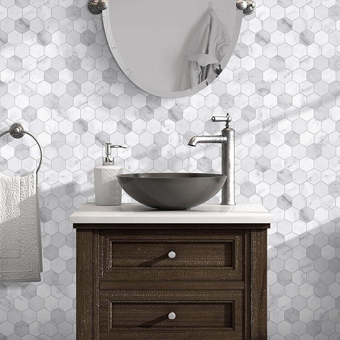 The Tiles Plaza 10-Sheet Peel and Stick Backsplash, Carrara White Hexagon Stone Composite Marble Looks Self Adhesive Wall Tile, Stick On Tiles for Kitchen Bathroom Shower, Cover 9 Sq Ft.