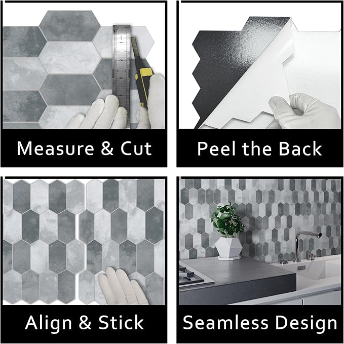 The Tiles Plaza 10-Sheet Peel and Stick Backsplash, Grey Cement Long Hexagon Self Adhesive Wall Tile, Stone Composite Stick On Decorative Mosaic Tile for Kitchen Bathroom Fireplace