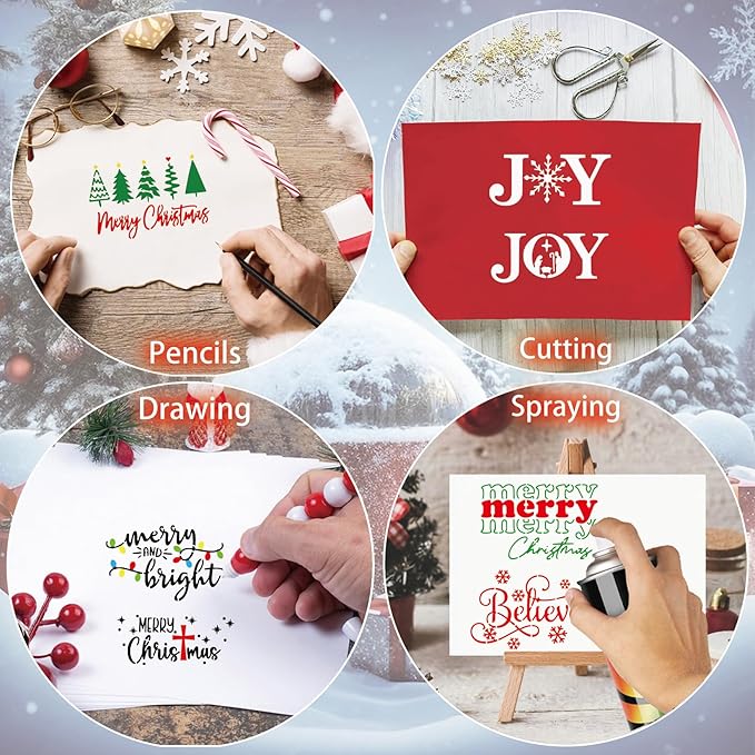 16pcs Merry Christmas Stencils for Card Making Reusable Drawing Believe Christmas Stencils for Painting on Wood Signs, Crafts, Wall Decorations