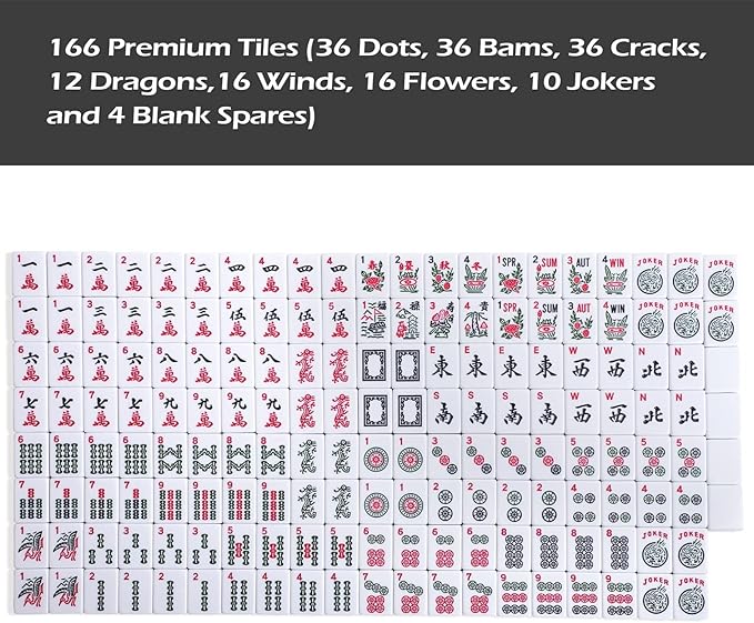 American Mahjong Game Set, 166 White Tiles, 4 All-in-One Color Rack/Pushers, Complete Mahjong Tile Set, Printed Carrying Bag
