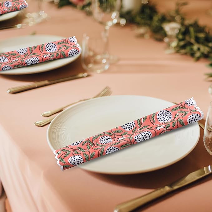 Ridhi Dark Salmon Pink Hand Block Print Napkins 18" x 18" Set of 4 Reusable Cotton Dinner Napkins for Weddings, Parties & Everyday Dining, Thanksgiving, Christmas, Fall