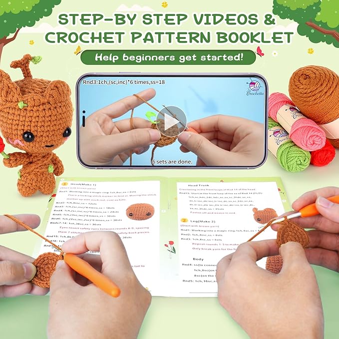 Crochetta Crochet Kit for Beginners, Crochet Starter Kit w Step-by-Step Video Tutorials, Beginner Crochet Kit for Adults Kids Women Men Complete Kit Included (Little Tree Man)