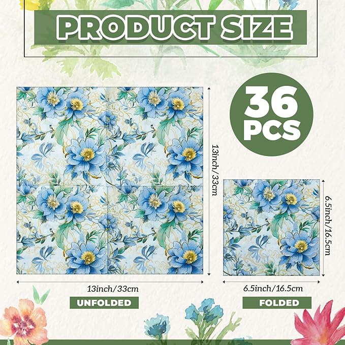 Crtiin 36 Pack 9 Styles Decoupage Napkins Assorted Floral Decorative Decoupage Napkins Chinoiserie Cocktail Paper for DIY Crafting Birthday Party, Each Unfolded 13 Inch(Fresh Plants)