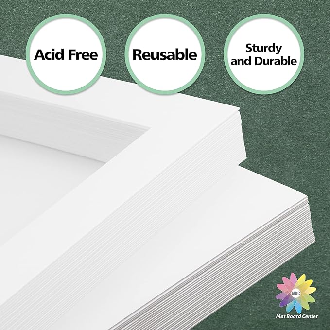 Mat Board Center, Pack of 50, 11x14 for 8x10 White Picture Mat Sets - Acid Free, 4-ply Thickness, Bevel Pre-Cut White Core - Includes Backing Boards and Clear Bags - for Pictures, Photos, Framing