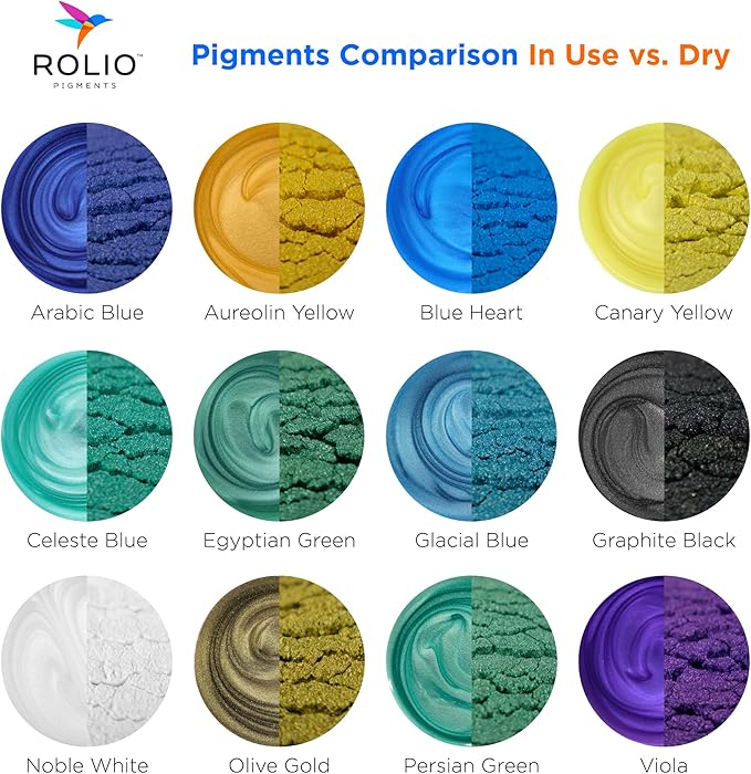Rolio Mica Powder Pearlescent Color Pigment - 12 Jars for Resin Epoxy, Soap Making, Nail Polish, Lip Gloss, Eye Shadow, Bath Bomb, Slime & Candle - 10g Each (Summer Mountains)
