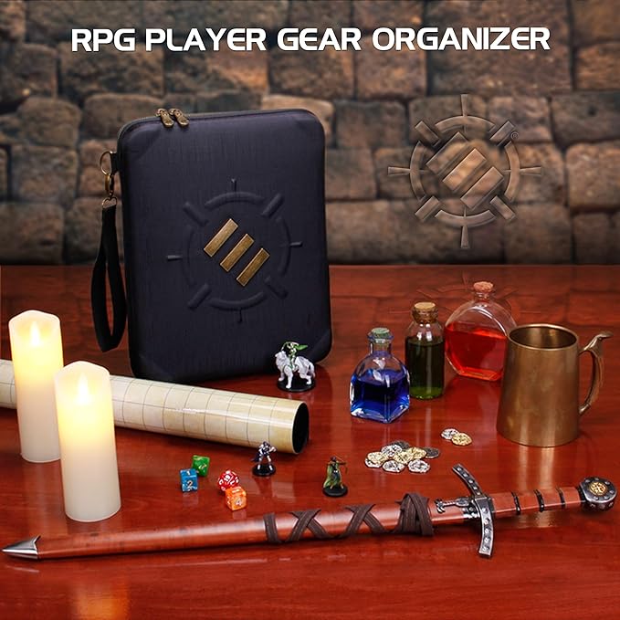 ENHANCE RPG Organizer Case - DnD Binder with Built-in Character Sheet Holder and Erasable Scribe Panel, Dice Rolling Area, Removable Pen Pouch, Miniature Foam Tray, Wrist Strap