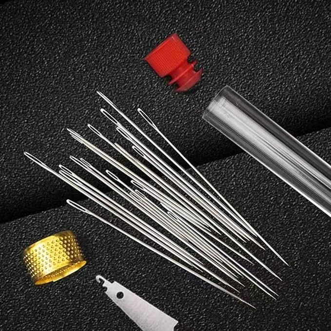 Big Eye Steel Sewing Needles Kit, 37-Piece Stainless Steel Hand Sewing Set with Thread, Thimble & Threader, for DIY Crafts, Home Travel Mending and Emergency Repairs on Leather and Denim