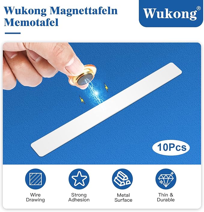 Wukong 10 Pack | 30x3cm(11.81 x 1.18) Magnetic Stainless White Boards Strips, Adhesive Backing Bulletin Bar Board, Memo Board with 32Pcs Colorful Magnets for Office, Home, Photo Wall, Documents