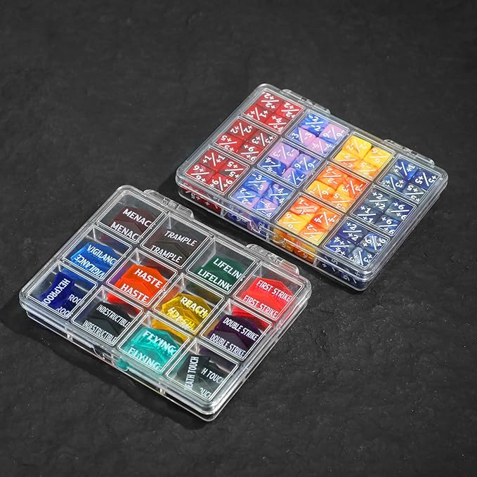 SIXPOINTS 108PCS 12mm MTG Counter Dice +1/+1 Tokens 6 Sided Dice & MTG Keyword Counters Tokens Set for Magic The Gathering, MTG, TCG, Card Games Accessories (4 Color Dices#E + MTG Keyword Counters)