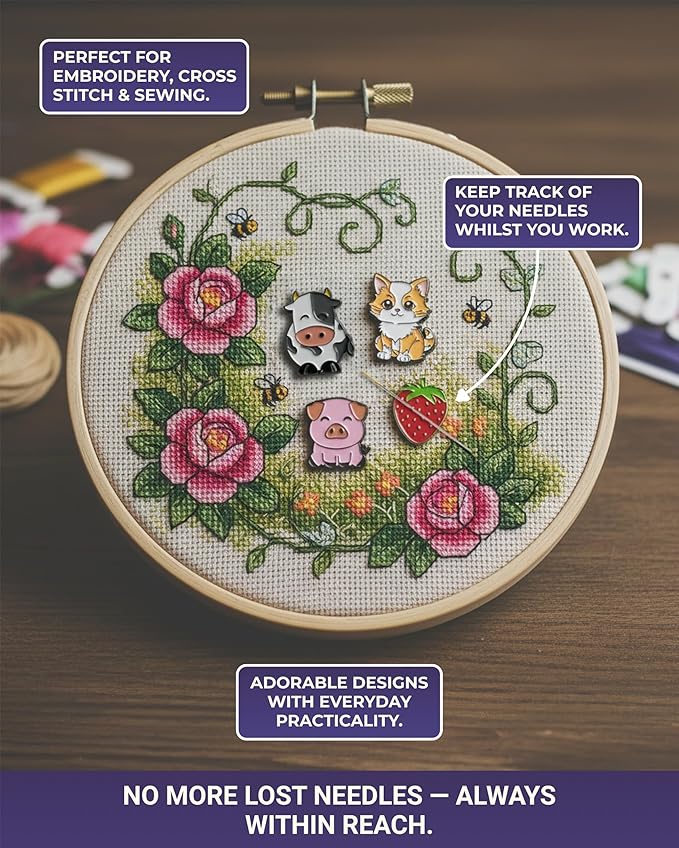 The Quilted Bear Needle Minder - Needle Minder Magnet for Keeping Sewing & Embroidery Needles, Cross Stitch Needles Safe - Stress Free Stitching Cross Stitch Supplies & Embroidery Supplies (Cat)
