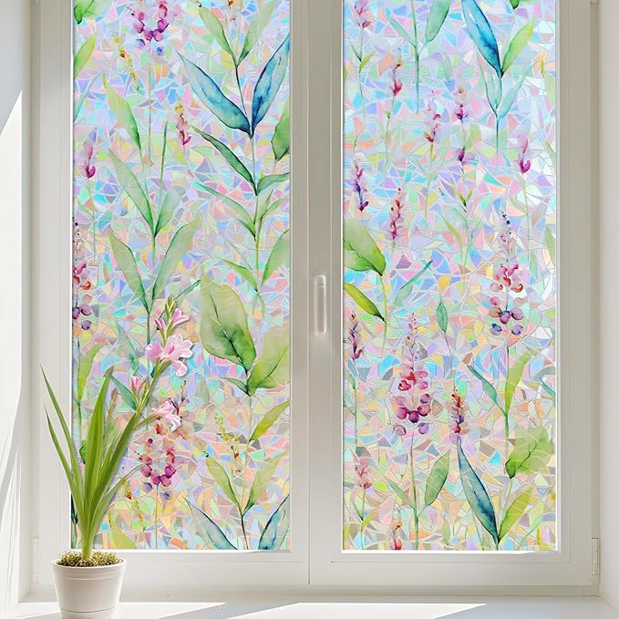 Donox Decorative Window Privacy Film, 3D Floral Stained Glass Window Film Static Cling Rainbow Privacy Sticker for Glass Door Heat Control Anti UV, No Adhesive (Gladiolus,35.4 x 157.4 inches)