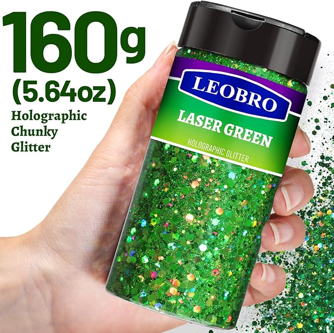 LEOBRO Green Glitter, 160g/5.64oz Holographic Chunky Glitter for Crafts, Resin, Nail Body, Tumblers, Party Decorations