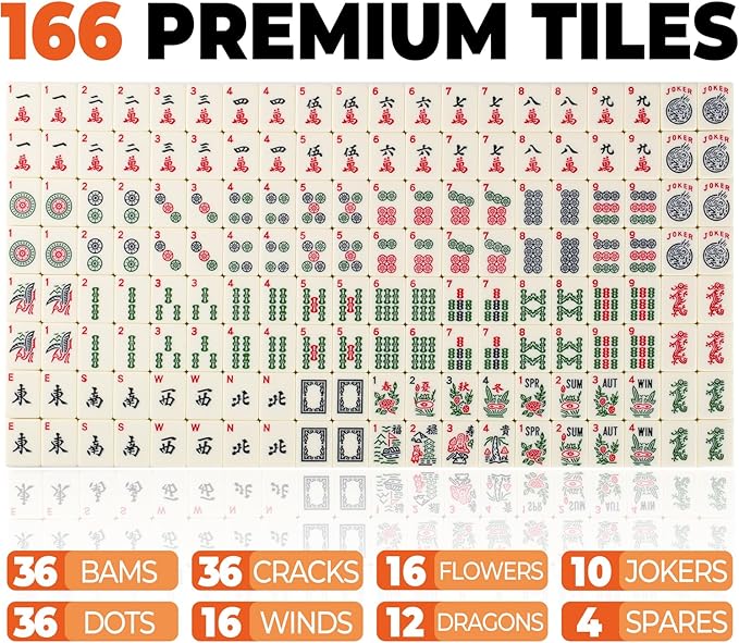 MUTEX American Mahjong Game Set, 166 Premium Mahjong Tile Set with Traveler Size Stylish Blue Carrying Bag, Western Mahjong Set with 4-Piece Walnut Wood Mahjong Racks/Pushers, Mahjong Ma Jong Set