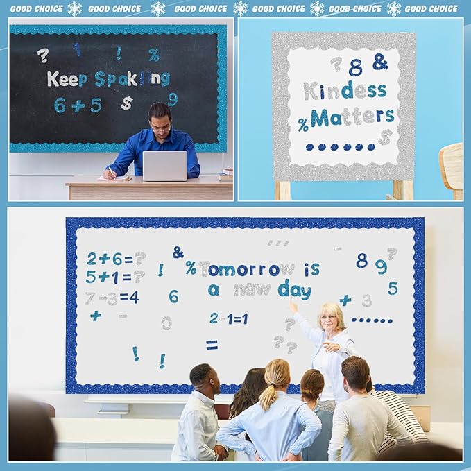 221 Pcs Classroom Bulletin Board Letters Colorful Alphabet Cutouts Number and Punctuation Symbol Combo Letter Cutouts for Wall Chalkboard Poster Board Decor(Blue Glitter Round)