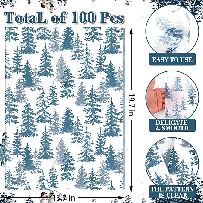 100 Sheets Christmas Tree Tissue Paper, 20x14in Forest Style Wrapping Tissue Watercolor Xmas Tree Art Tissue for Xmas Party Gift Bag Fillers Winter Party Decor (Blue)