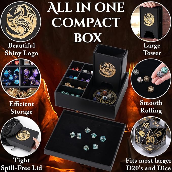 Dice Tray and Dice Tower for DND: All-in-One Tray, Storage & Large Tower for Random Rolls - Stores Your Sets, Mini's etc, Perfect for D&D and RPG Gift Accessories (Gold Dragon)