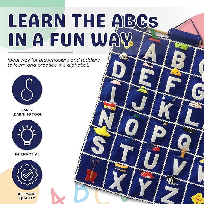 Pockets of Learning ABC Felt Wall Hanging Chart - Early Education Alphabet Fabric Wall Décor for Children's Room | Engaging Educational Learning Art for Kids with Fabric Objects in Pocket (Blue)