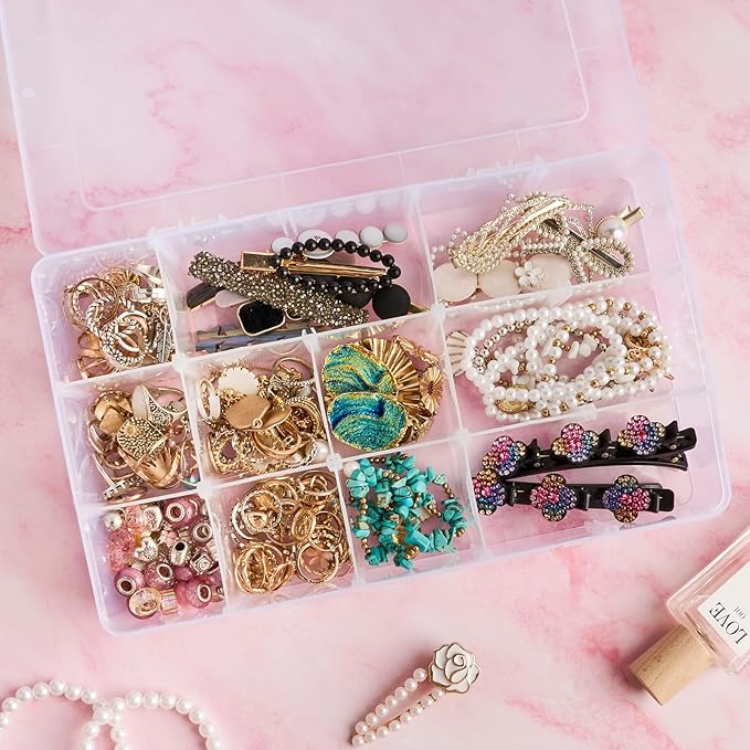 15 Grids Large Plastic Organizer Box with Adjustable Dividers, Clear Craft Organizer and Storage Tackle Box Compartment Container with Label Stickers for Beads, Jewelries, Tools