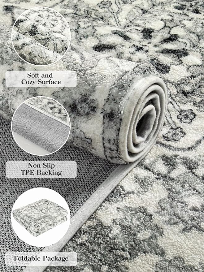 Lahome Bohemian Washable Round Rug, Large Round Rugs 6ft Non Slip Circle Rugs for Living Room, Soft Non Slip Non Shedding Printed Indoor Carpet for Dining Bedroom Kitchen Office, Beige