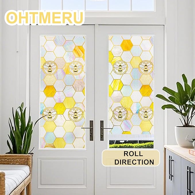 3D Stained Glass Window Privacy Film, Heat Control UV Blocking Static Cling Decorative Window Film for Bathroom,Front Door,Home Non Adhesive,23.6 x 35.4 inches Honey