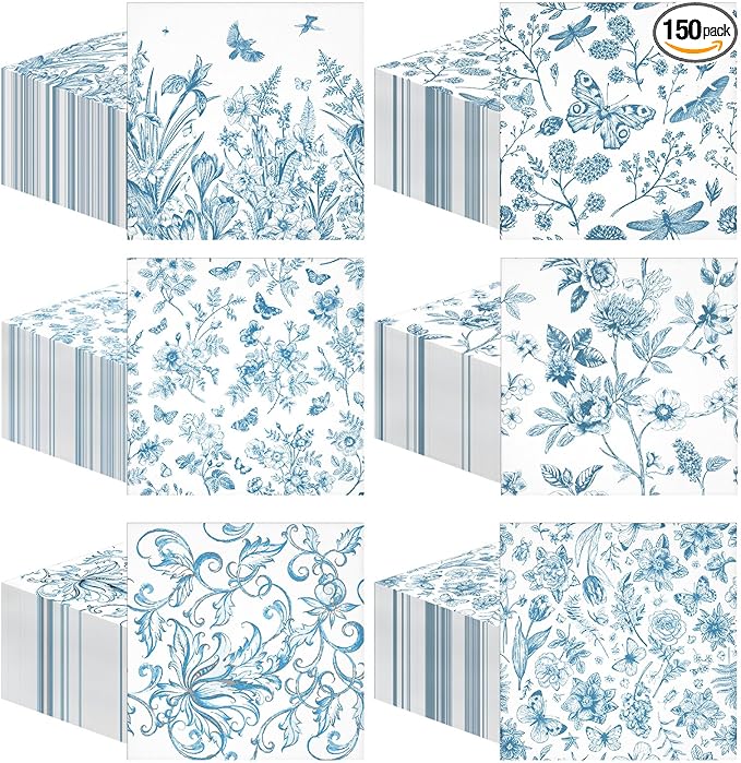 150 Pcs Blue Floral Cocktail Napkins 10 x 10 Inch 6 Styles Assorted Blue Flower Paper Disposable Napkins for Decoupage Home and Kitchen Bridal Baby Shower Tea Party Garden Party Birthday