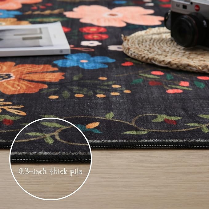 Rugcomf Round Rug 4ft Washable Circle Rug Non Slip Low Pile Boho Floral Small Circular Rug for Bedroom, Bathroom, Entryway, Kids Room, Office, College Dorm(Black)